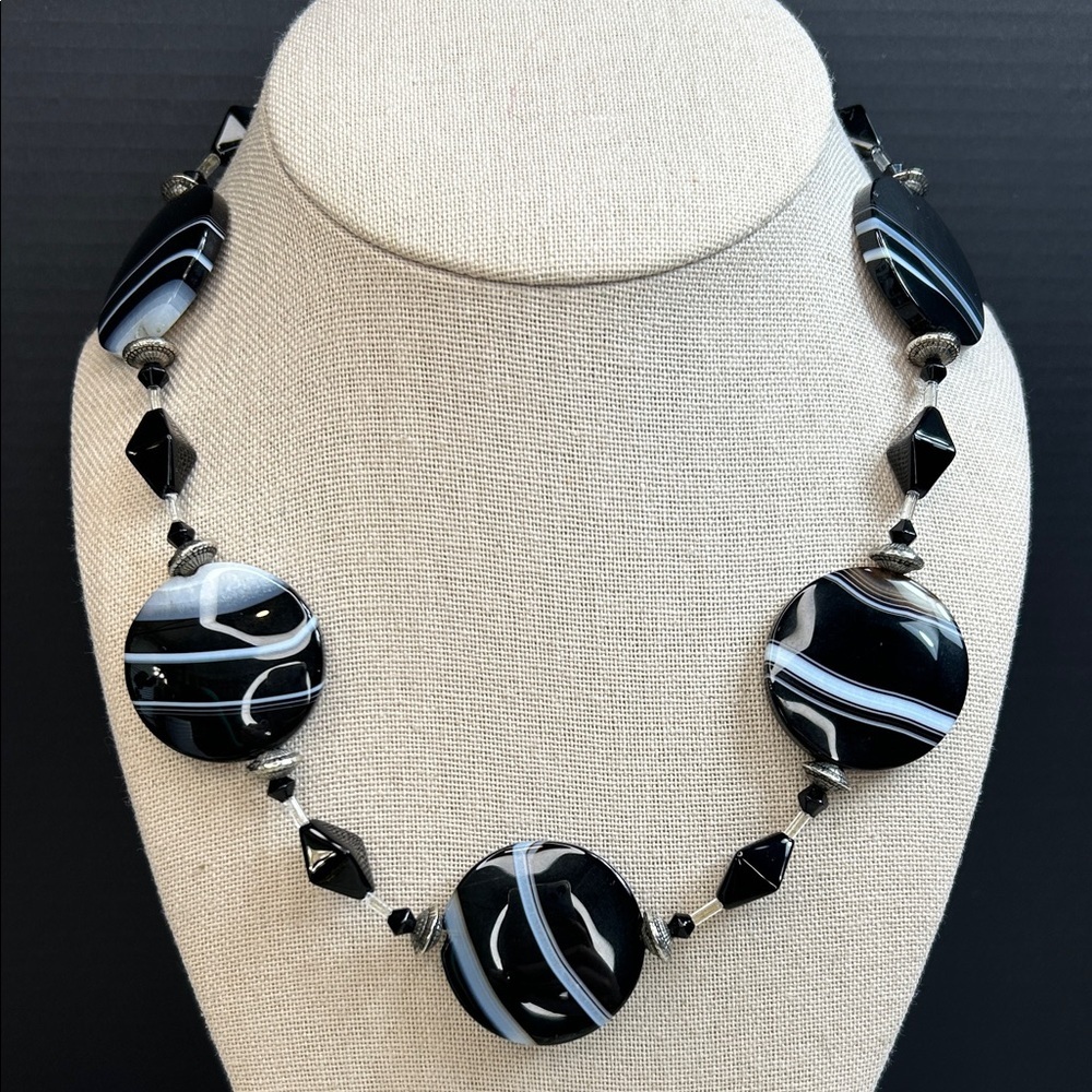 Black and white banded agate stone necklace